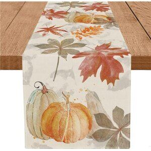 72'' Fall Table Runner -Pumpkin & Maple Leaf Watercolor Vintage Thanksgiving Dec